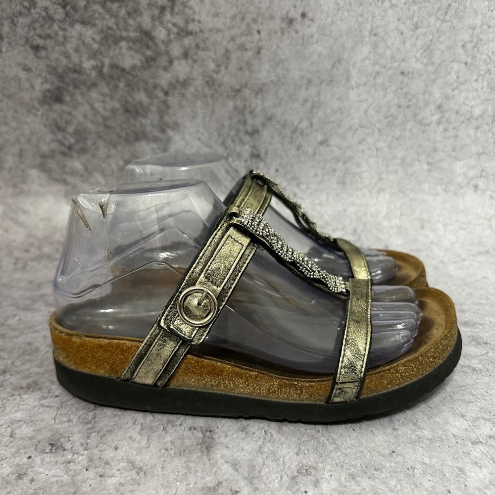 Naot‎ Malibu Sandals Women 37 US 6-6.5 Metallic Bronze Rhinestone T-Strap Cork